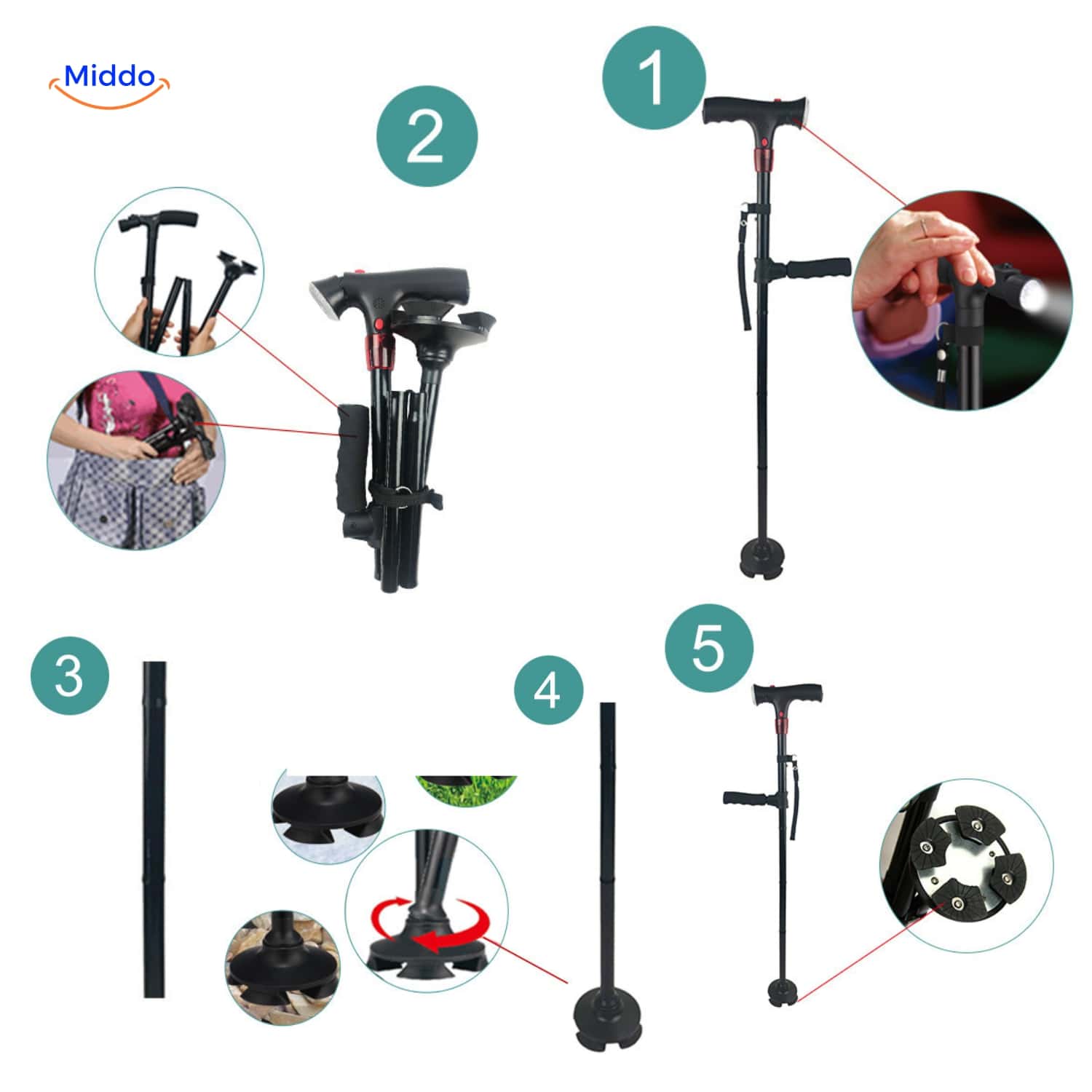 AluCare™ Opvouwbare Wandelstok – Verstelbaar met LED-licht en Gripvoet