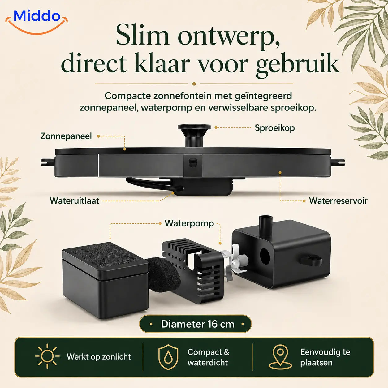 Milieuvriendelijke fontein voor bakken en vijvers met onze Solar Oasis™